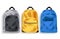 School bag vector set. School backpack and baggage 3d collection in gray, yellow and blue color for educational