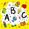 School beginnings. ABC letters doodle style on yellow background, smart kids, vector illustration.