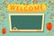 School board with a piece of chalk. Welcome congratulations with confetti and balloons. Vector illustration design. Back to school
