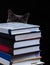 School books on desk, education concept, educate, technology, cat, splash