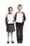 School boy and girl with blank white cards