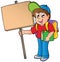 School boy holding wooden board