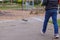 School boy with quadrocopter inthe park