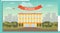 School building. Cartoon facade of the school against the backdrop of the city landscape. Elementary School. Vector illustration