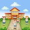 School building ilustration with happy children