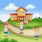 School building ilustration with happy children