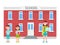 School Building and People Vector Illustration