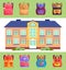 School building with set of schoolbag icons in different colors, styles, bags for pupils or students