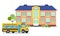 School building with yellow school bus, isolated icons in flat style, back to school concept