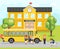 School bus boy girls pupil education building student knowledge child flat design vector illustration