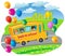 School bus with children moving in the road. flying balloons. ve