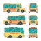 School bus. City yellow vehicle for kids daily transportation childrens vector urban transport various views