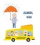 School bus and kid at the stop under the rain - concept of safety and protection, graphic illustration