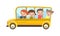 School bus. Kids rides on yellow multi-seat automobile. Toy vehicle. Car with a motor. Cute passenger auto. Isolated on