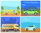 School Bus and Lorry, Minicar and Green Minivan