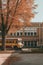 school bus parked near a school building