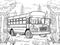 A school bus is parked in the woods, coloring book for kids.