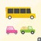 School bus, pink car and pickup truck