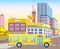 School Bus Riding City, Town with Houses Vector