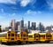 School bus in a row at LA skyline photo mount