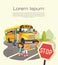 School bus stop. Back To School Safety Concept. Passing a school bus. Flyer for School Bus Stop Law. Child boarding school bus. Ki