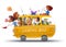 School bus with students isolated over white background. Back to school illustration in vector with kids, children in yellow bus