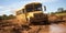 School bus traverses muddy terrain, concept of Adaptability