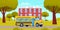 School bus yellow vehicle stands in parking near building. Special automobile for transporting kids