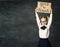 School Child over Blackboard Background, Girl Advertise Board