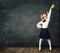 School Child over Blackboard, Happy Girl Kid, Success Hand Up