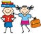 School children, boy with books and girl with satchel, funny vector illustration