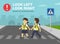 School children crossing road on crosswalk. Zebra crossing. Look right, look left safety rule.