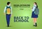 School childrensWalking boy and girl. keep social distancing. back to school illustration with their back packs and in school
