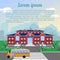 school, classic red brick building with blue roof, clock, flag, lawn and school bus