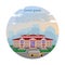 School, classical building,Against the city and sky.Image in circle