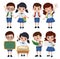 School classmate students character vector set. Back to school classmates kids elementary characters wearing uniform.