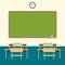 School classroom with chalkboard and desks. education board, table and study. Vector flat illustration