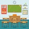 School classroom with chalkboard and desks. Vector