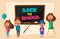 School classroom. Children and chalkboard. Cartoon vector illustration