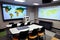 school classroom with interactive smart board, laptop, and projector for modern learning experience