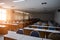 School classroom with window opened, clean and tidy ready for new students and semester start