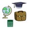 school collection, a globe on a stand, a green calculator, briefcases and a graduate hat, a vector cartoon