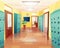 School, college hallway with open and closed doors, storage lockers, notice board. Cartoon vector illustration for kids