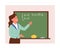 School or college teacher training on math lesson in classroom, standing near chalkboard