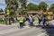 School crossing guard helps children to cross the street.