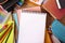 School desk with blank note pad or writing book, copy space