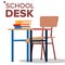 School Desk, Chair Vector. Classic Empty Wooden School Furniture. Isolated Flat Cartoon Illustration