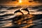 A school of dolphins playfully riding the waves, their silhouettes framed by the setting sun on the open sea