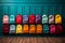 School essentials colorful backpacks on a wooden shelf, blue room