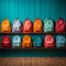 School essentials colorful backpacks on a wooden shelf, blue room